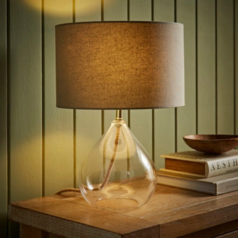 Image of ValueLights ValueLights Eloise Natural Linen Drum Shade Clear Glass Teardrop Table Lamp with LED Bulb Natural One Size Unisex 5059406065941