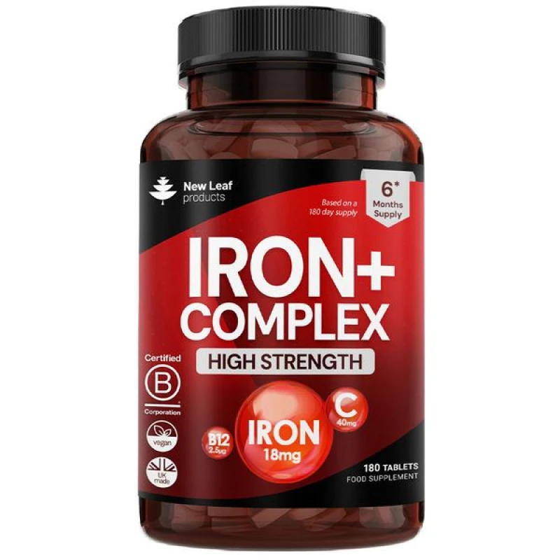 Image of New leaf health Iron Tablets Complex High Strength Complex + Vitamins C, B12 (6 Months Supply) Red unisex