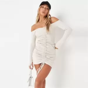 Image of Missguided Front Bardot Mini Dress Ls Rib - Neutral