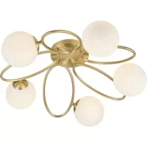 Image of Semi Flush Multi Arm Ceiling 3 Light Fitting - Satin Brass & Opal Glass Shades