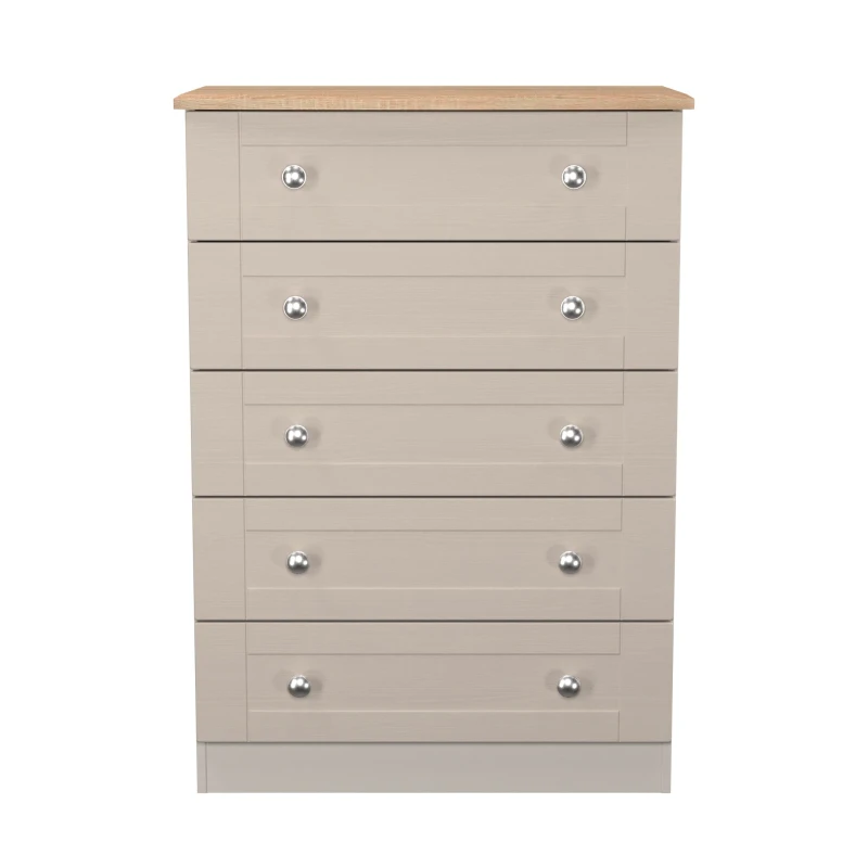 Image of Santander Ready Assembled Matt Beige & Oak 5 Drawer Wide Chest (H)1074mm (W)765mm (D)415mm