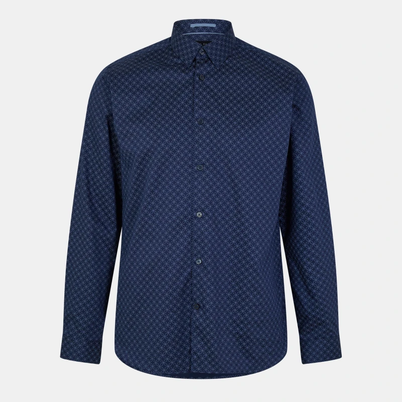Image of Ted Baker Potter Geo Print Slim Shirt Navy male 15 inch
