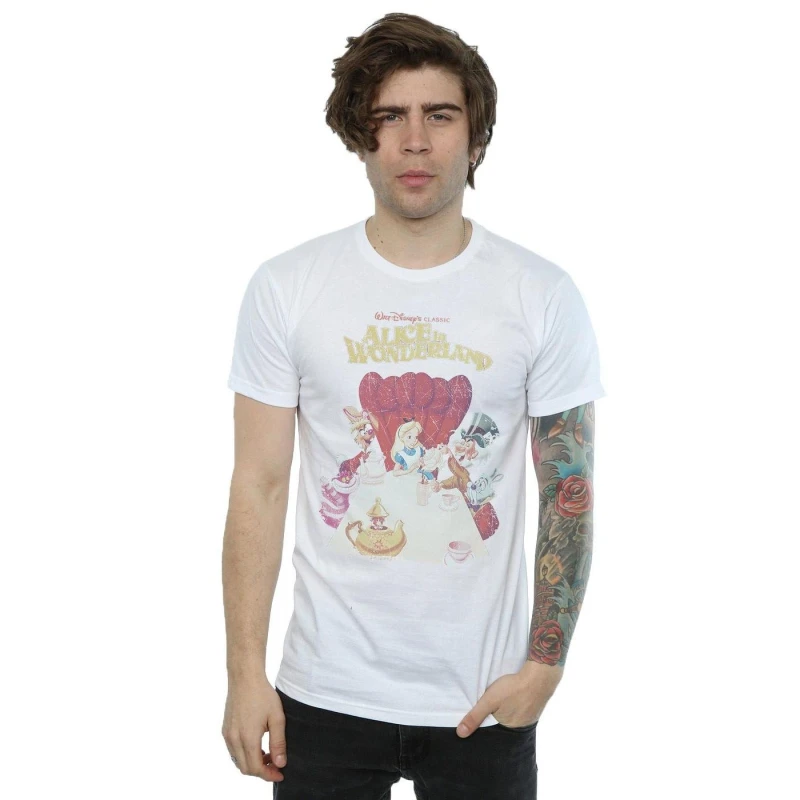 Image of Disney Men Alice In Wonderland Retro Poster T-Shirt in White Size: Small White S Male 5057245574655