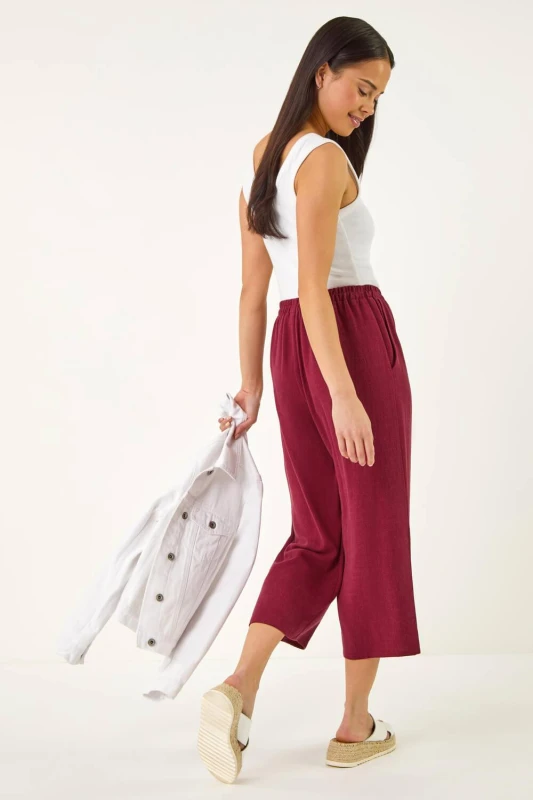 Image of Roman Womens Petite Linen Mix Wide Cropped Trousers in Wine Size: 12 Wine Female 12