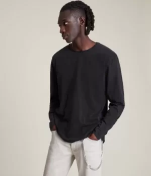 Image of AllSaints Mens Bodega Long Sleeve Crew T-Shirt, Washed Black, Size: S