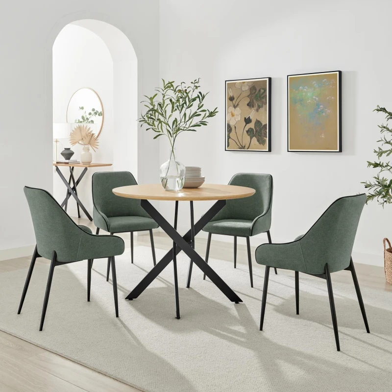 Image of FurnitureboxUK FurnitureboxUK Novara 100cm Oak Veneer Top Dining Table & 4 Green Beaumont Chairs in Brown Brown One Size Unisex 5056784315170