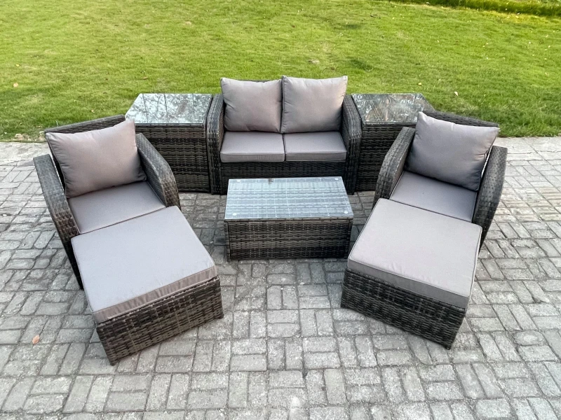 Image of Fimous 6 Seater Outdoor Lounge Sofa Set Rattan Garden Furniture Set with Rectangular Coffee Table 2 Big Footstool Dark Grey