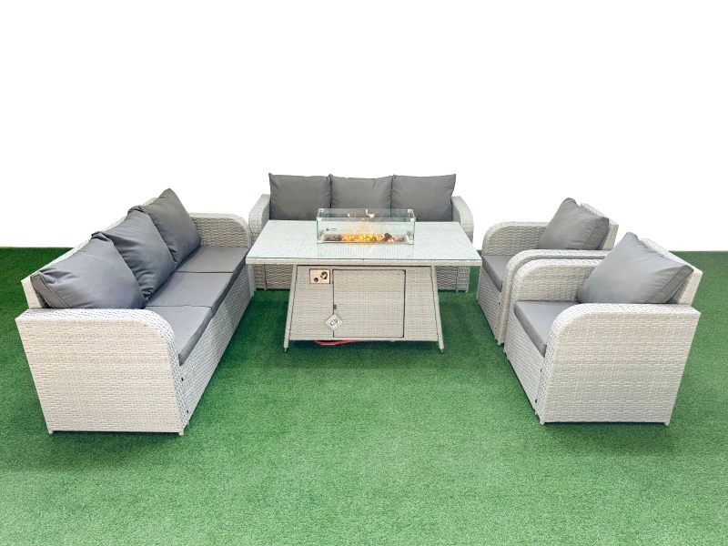 Image of Fimous PE Rattan High Back Lounge Sofa Set Patio Firepit Dining Table & Chairs Set with 3 Seater Sofa Reclining Chair Light Grey Light Grey