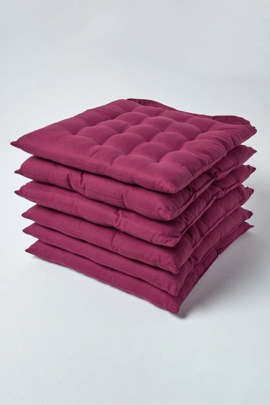 Image of Homescapes Plum Seat Pads 100% Cotton Chair Cushions 40X40 Cm, Set Of 6 Plain Chair Pads For Dining, Kitchen Or Garden Outdoor