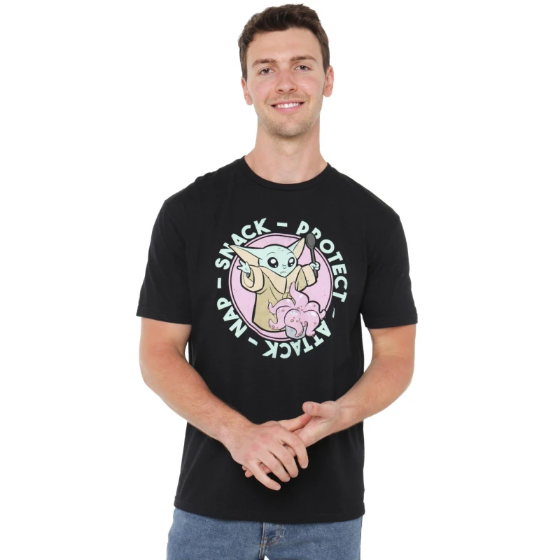 Image of Star Wars Men Star Wars The Mandalorian Baby Yoda Grogu Protect Attack Nap Snack Mens T-Shirt Black Size: Medium Black M Male 5052777759259