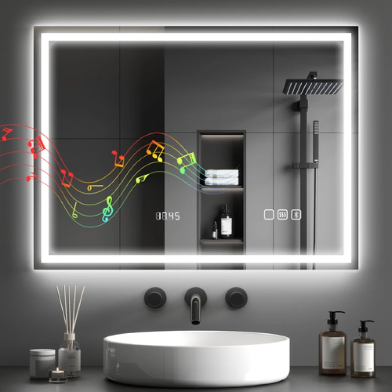 Image of HOMCOM HOMCOM 600 x 800 mm Bathroom Mirror with Bluetooth Clock Lights Demister Pad in Silver Size: 800mm x 600mm Silver 800mm x 600mm Unisex 506360