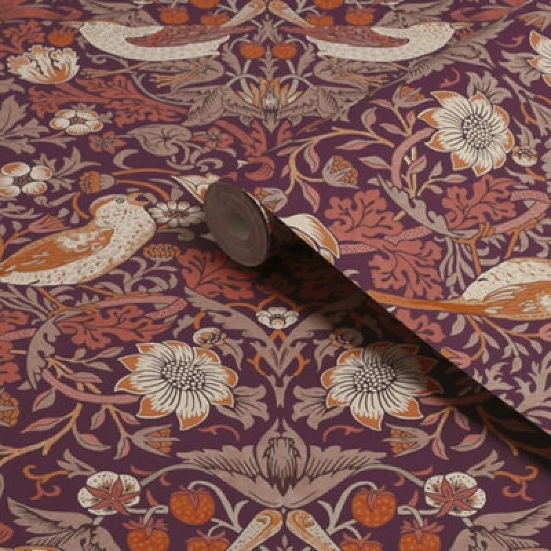 Image of William Morris Gallery Collection Plum Strawberry Thief Smooth Wallpaper