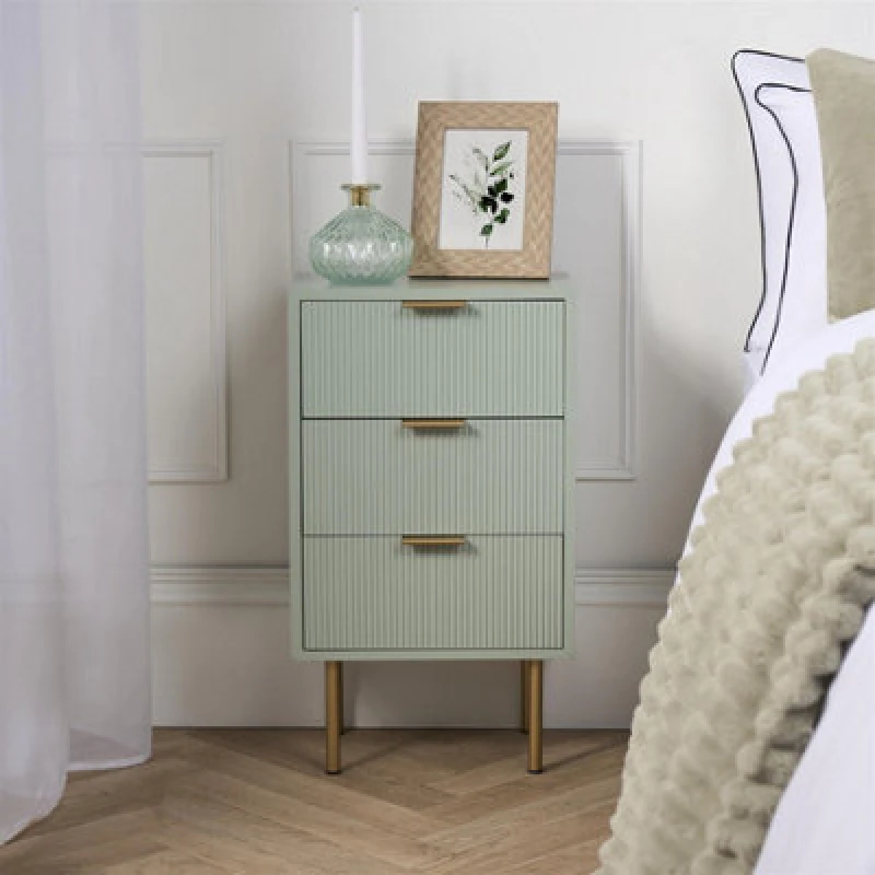 Image of OHS OHS Ribbed Bedside Table Modern Bedroom 3 Draw Office Nightstand in Pale Green Pale Green One Size Unisex 5027434212835