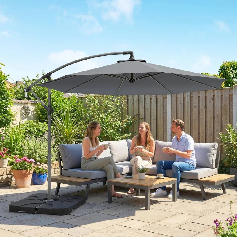 Image of OUTSUNNY 3(m) Banana Parasol Cantilever Umbrella Garden w/ Base Weights in Dark Grey Size: 3m Dark Grey Unisex 3m