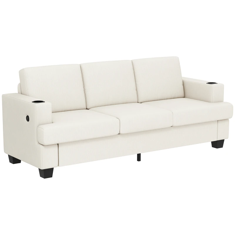 Image of HOMCOM HOMCOM 3 Seater Sofa, Fabric Sofa with USB Ports and Cup Holders, Cream Cream 3 Seater Unisex 5063603723696
