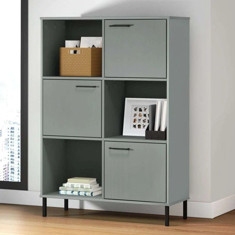 Image of Vidaxl Bookcase With Metal Legs Grey 90X35X128.5cm Solid Wood Oslo, Grey 351013
