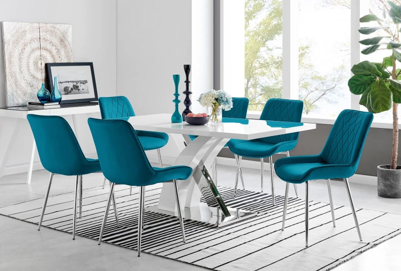 Image of FurnitureboxUK FurnitureboxUK Atlanta 6 White Dining Table and 6 Pesaro Silver Leg Chairs in Blue Blue One Size Unisex 5056542652844