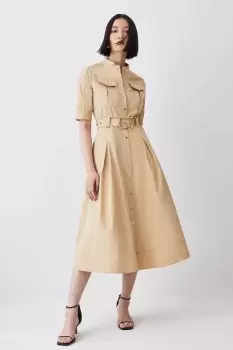 Image of Cotton Sateen Short Sleeve Midi Shirt Dress