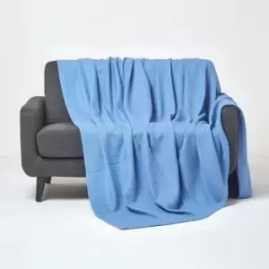 Image of Organic Cotton Waffle Blanket/ Throw Blue, 228 x 228cm - Blue - Homescapes