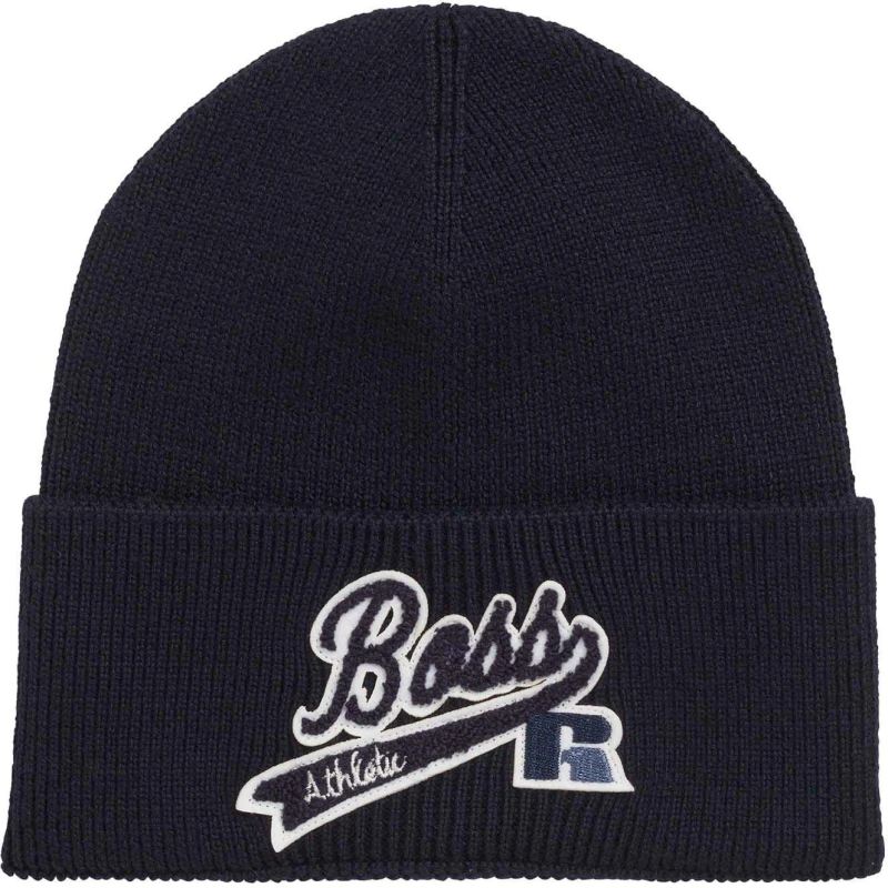 Image of Boss x Russell Athletic Floley Beanie Hat Navy male One Size