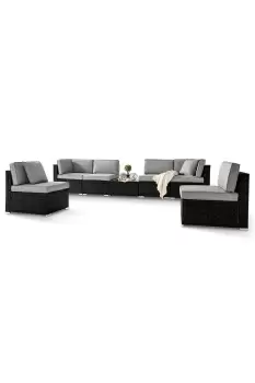 Image of ORLANDO Black 6 Seater PE Rattan Outdoor Garden Modular Sofa Set with Glass Topped Coffee Table and Grey Cushions