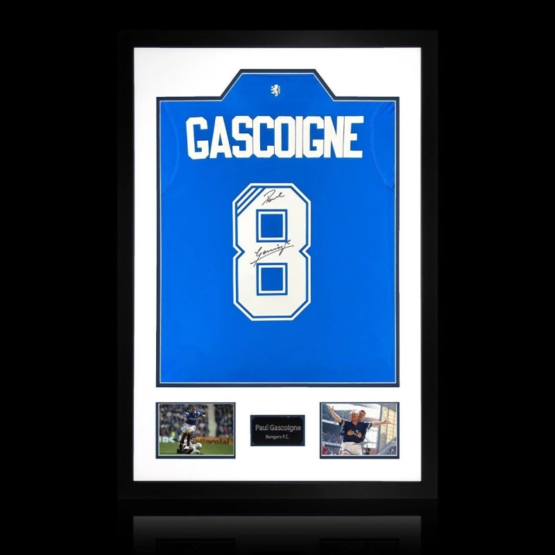 Image of The Fan Cave Paul Gascoigne Signed Rangers Shirt Premium Frame Blue unisex 850mm x 60
