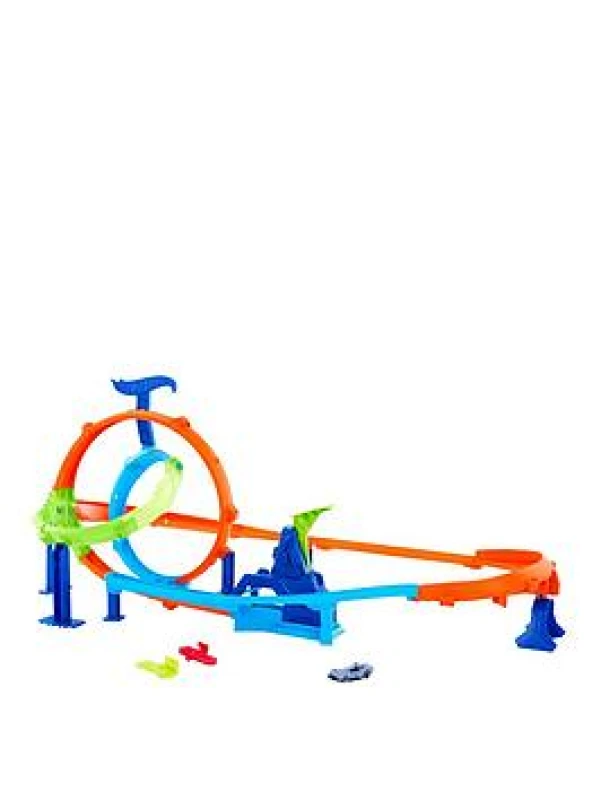 Image of Hot Wheels Spielzeugauto Trackset Stunt Tracks Schnellstart-Looping-Spielset mit Die-Cast-Auto im Maßstab 1:64 2 Loopings und 2 Crashzonen Track-Sc