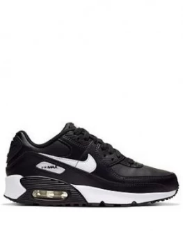 Image of Nike Air Max 90 Leather Junior Trainers - Black/White, Size 3