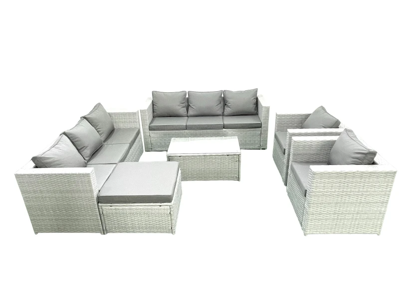 Image of Fimous Outdoor Rattan Sofa Garden Furniture Set with 2 Armchairs Oblong Coffee Table Big Footstool Light Grey Mixed Light Grey