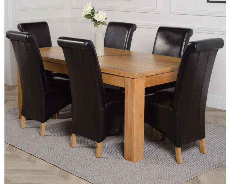 Image of Thats Furniture Dakot 182 x 92cm Oak Large Dining Table & 6 Montana Leather Chairs in Black Size: 182 x 92cm Black Unisex 182 x 92 cm