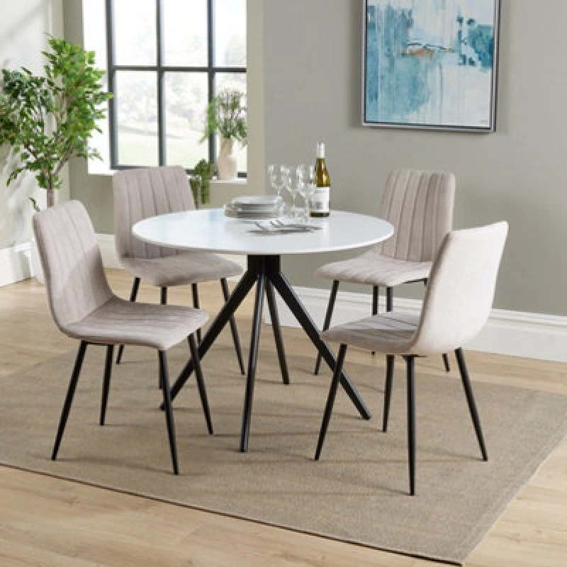 Image of Core Products Aspen White 100Cm Round Dining Table With 4 Natural Fabric Straight Stitch Design Chairs