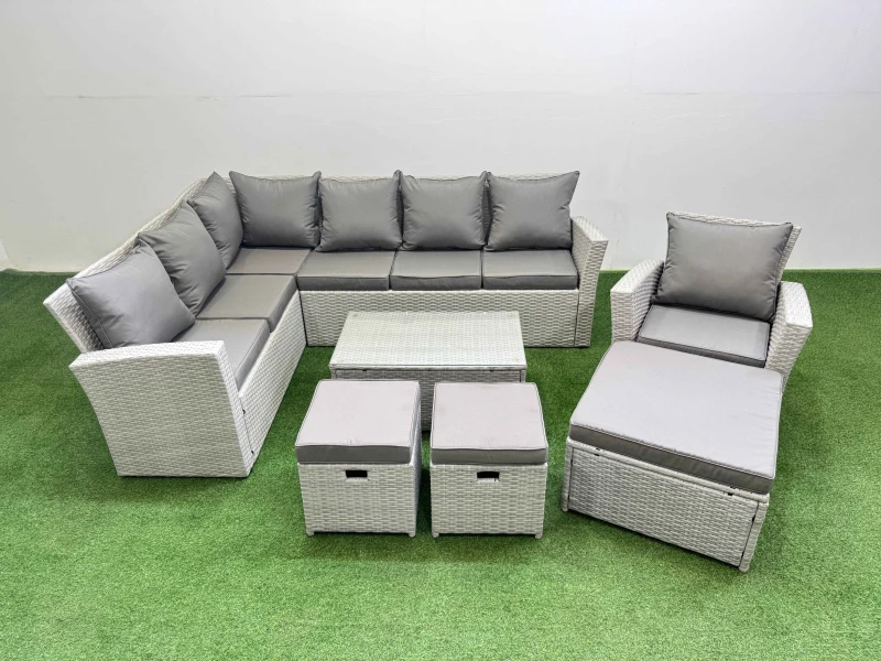 Image of Fimous 10 Seater Garden Outdoor PE Rattan Furniture Set with 3 Stools in Light Grey Light Grey Unisex