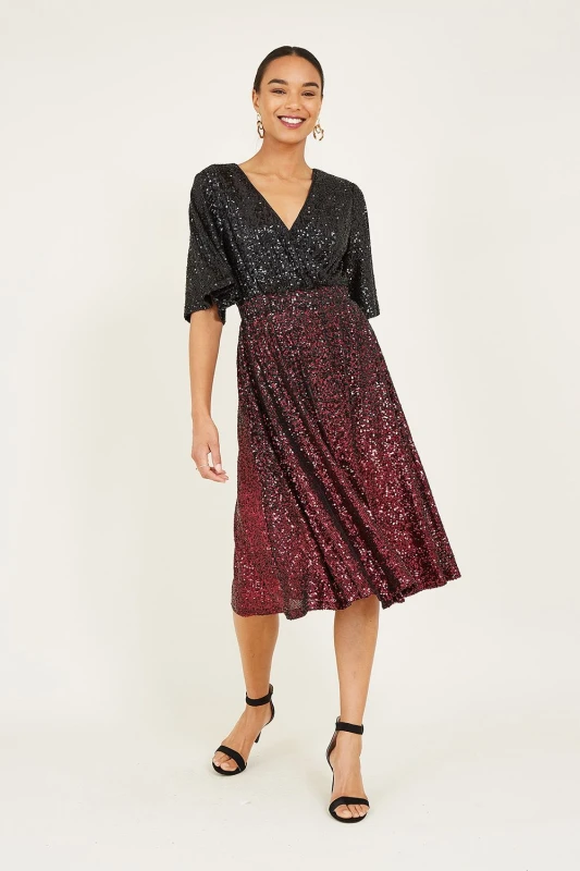 Image of Yumi Black and Red Ombre Sequin Midi Wrap Dress Red