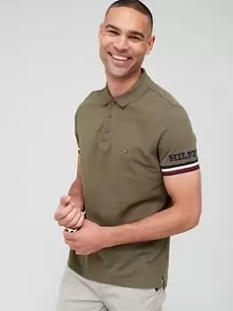 Image of Tommy Hilfiger Monotype Striped Cuff Slim Fit Polo Shirt - Khaki, Size S, Men