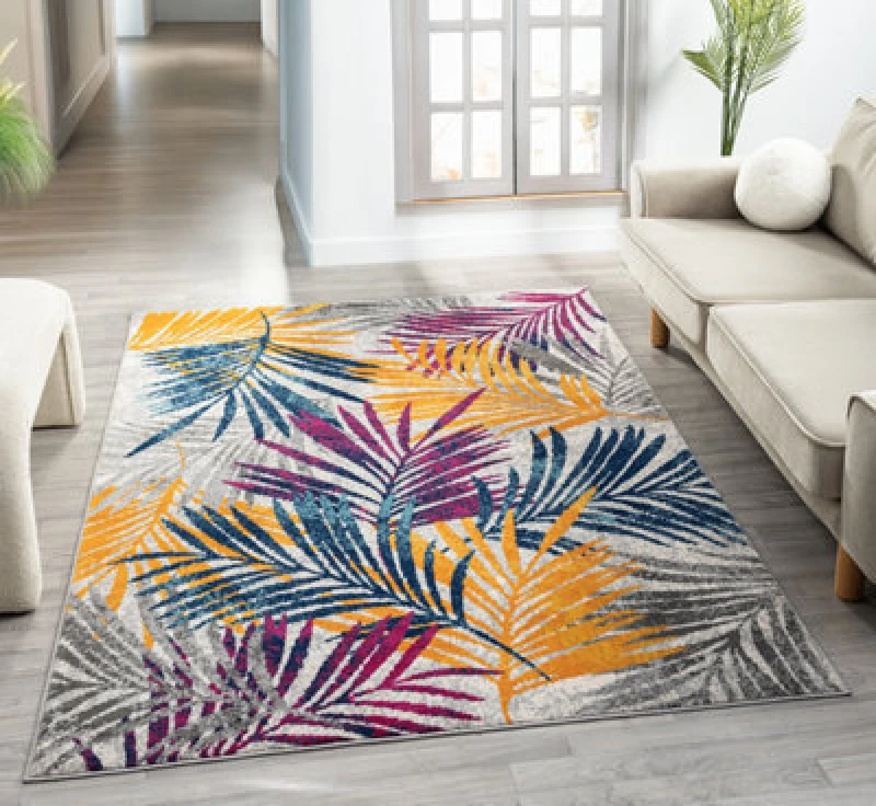 Image of San Marino Modern Living Room Area Rug - Low Pile Leaf Design Muti Coloured 120Cm X 170Cm
