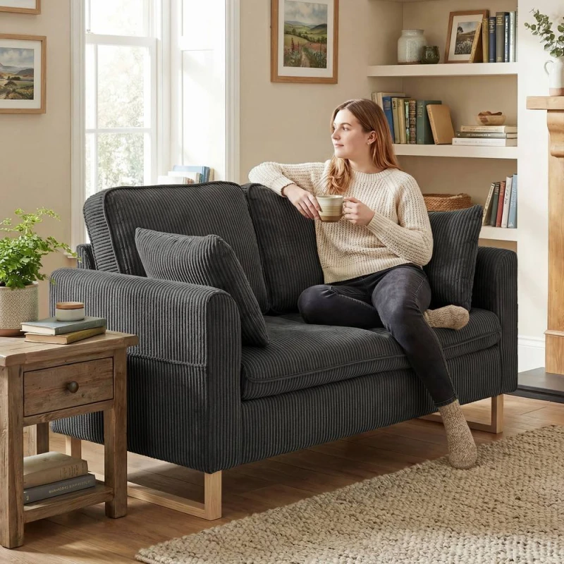 Image of HOMCOM 2 Seater Sofa, Corduroy Sofa w/ Spring Cushions 2 Pillows, Dark Grey Dark Grey Unisex 2 Seater