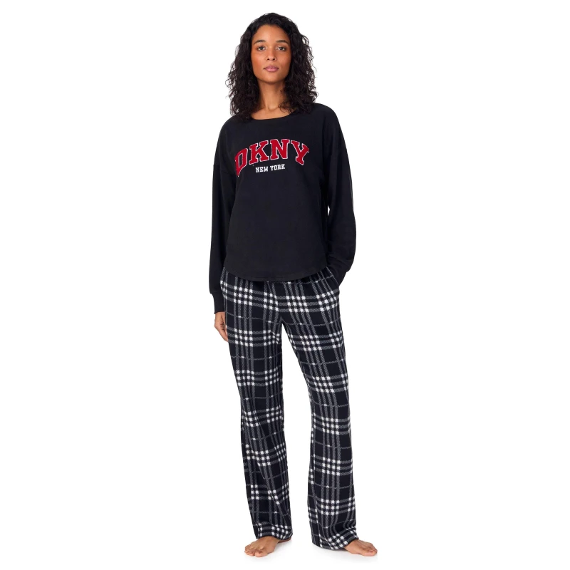 Image of DKNY Womens Long Sleeve Pyjama Set Black Check female 8 (XS)