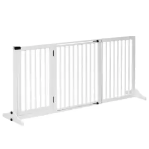 Image of Pawhut Wooden Freestanding Pet Gate w/ Adjustable Length & Door Lock Safe Barrier - White