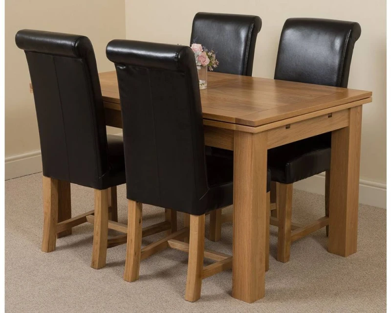 Image of Thats Furniture Richmond 140-220cm Oak Extending Dining Table + 4 Washington Leather Chairs in Black Unisex