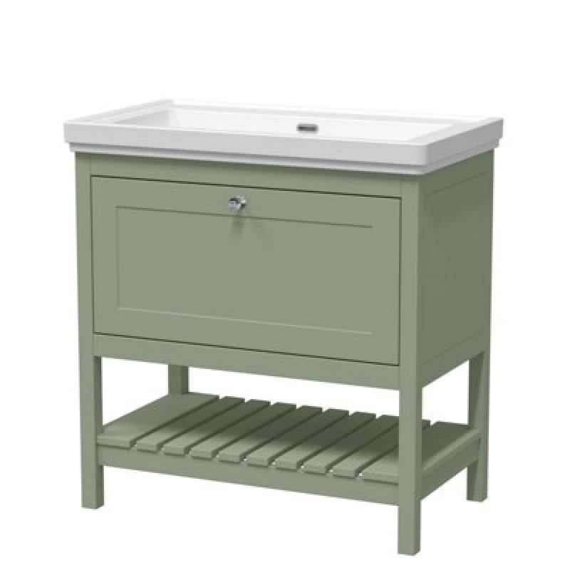 Image of BALTERLEY Traditional Furniture Floor Standing 1 Drawer Vanity & 0 Tap Hole Fireclay Basin, 800mm, Fern Green BFRY827H