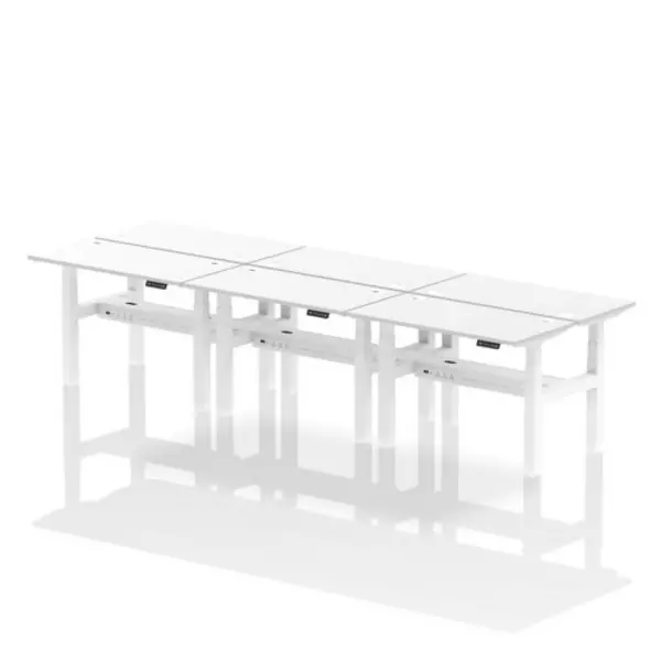 Image of Air Air Back-to-Back 1200 x 600mm Height Adjustable 6 Person Bench Desk White Top with Cable Ports White Frame HASCP6P12600WHTW