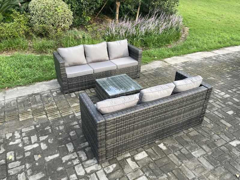 Image of Fimous Wicker Rattan Garden Furniture Sofa Set with Square Coffee Table 6 Seater Outdoor Rattan Set Dark Grey Mixed Dark Grey