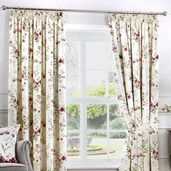 Image of Fusion Jeannie Floral Pencil Pleat Lined Curtains, Red, 90 x 90" - Fusion 5055161609475
