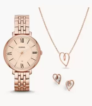 Image of Fossil Women Jacqueline Three-Hand Date Rose Gold-Tone Stainless Steel Watch and Jewellery Set
