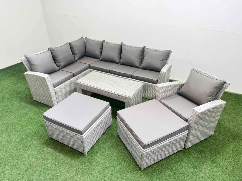 Image of Fimous Outdoor 9 Seater Corner Sofa Sets with Chair 2 Big Stools Light Grey Light Grey Unisex