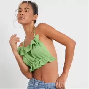 Image of I Saw It First Halterneck Draw Cord Ruffle Detail Crop Top - Green