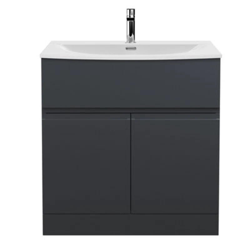Image of Hudson Reed Urban Floor Standing 2 Door 1 Drawer Vanity Unit With Curved Basin, Durable Modern Vanity Unit In Soft Black, 800mm