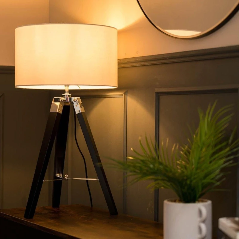 Image of ValueLights Clipper Black Wood Tripod Table Lamp with Medium White Shade Black unisex