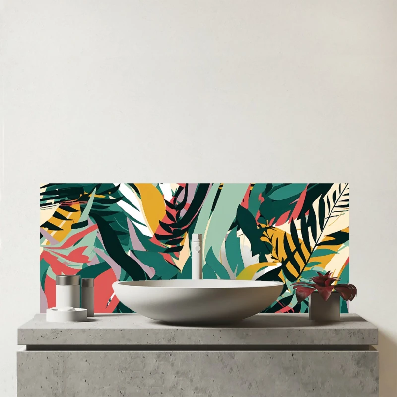 Image of Warren Reed - Designer Coloured Tropical Leaves Glass Bathroom Splashback in Green Green Unisex