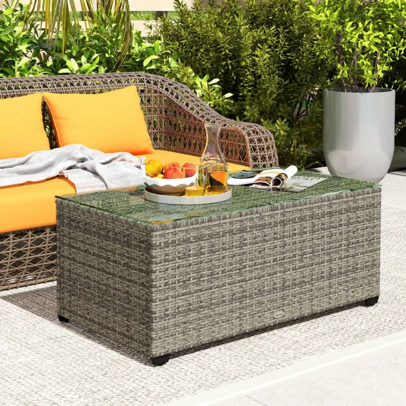 Image of Outsunny Outdoor Coffee Table, Glass Top Rattan Side Table, Dark Grey Dark Grey